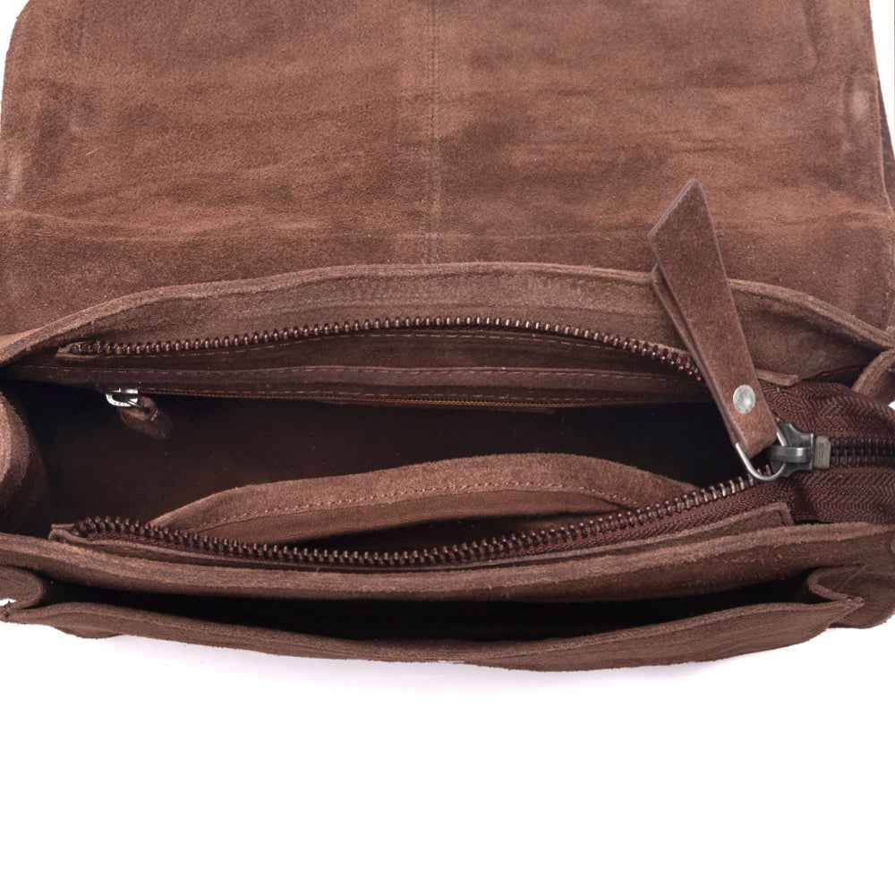 Myra Amberwood Suede Leather Boot Embroidered Leather Bag in Chestnut Brown