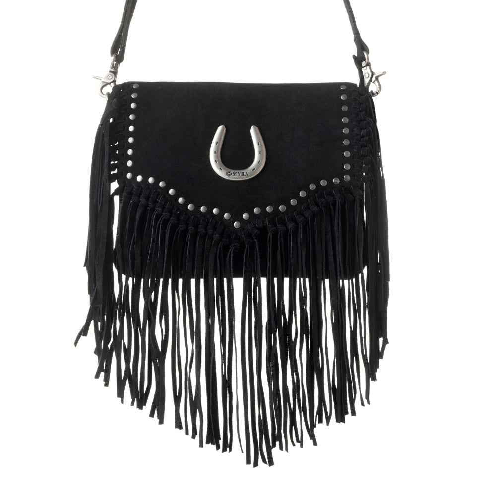 Myra Lucky Charm Leather Bag for Women in black with fringe and horseshoe detail