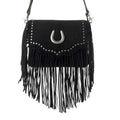 Myra Lucky Charm Leather Bag for Women in black with fringe and horseshoe detail