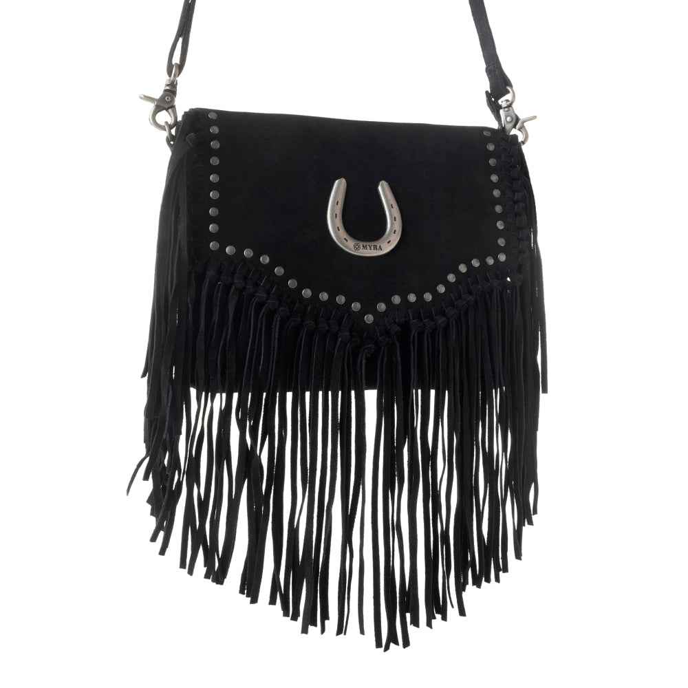Myra Lucky Charm Leather Bag for Women in black with fringe and horseshoe detail
