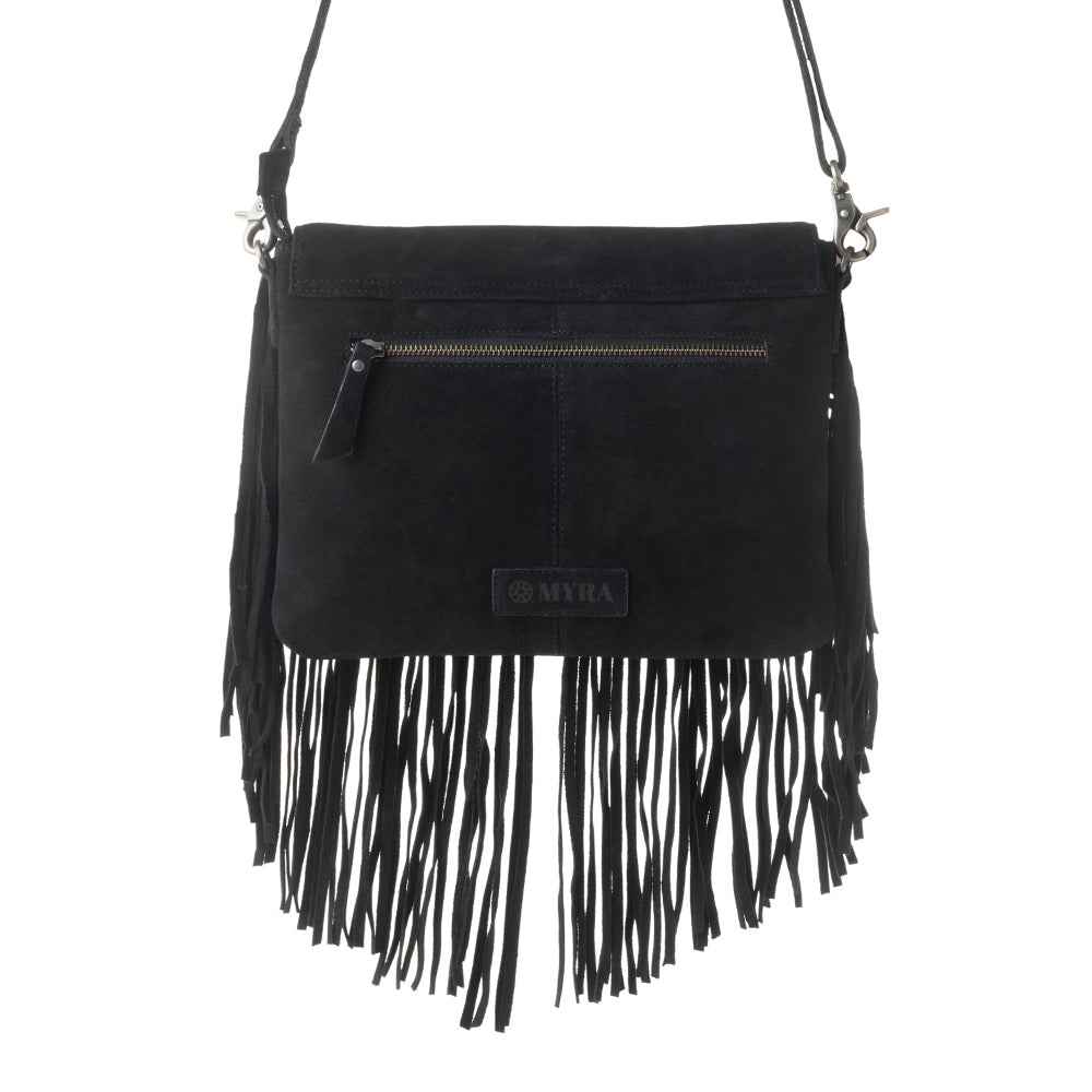 Myra Lucky Charm Leather Bag for Women in black with fringe and horseshoe detail