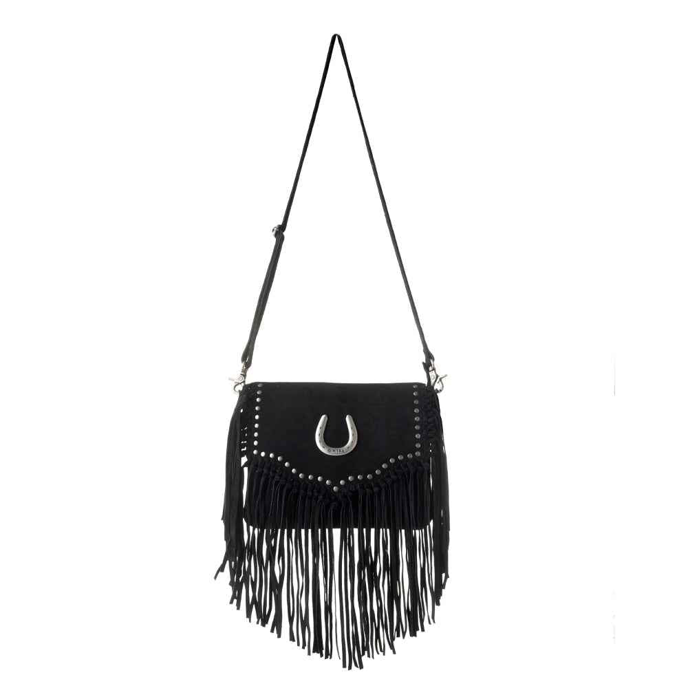 Myra Lucky Charm Leather Bag for Women in black with fringe and horseshoe detail