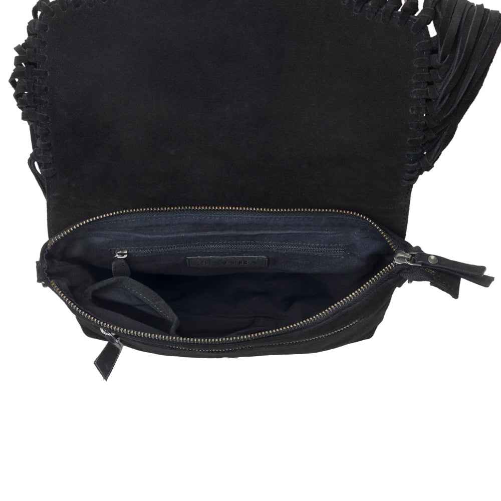 Myra Lucky Charm Leather Bag for Women in black with fringe and horseshoe detail