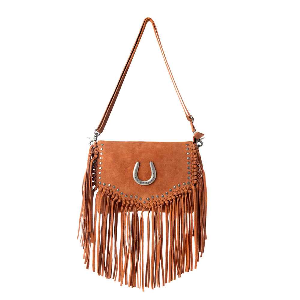 Myra Lucky Charm Leather Bag for Women in Brown with fringe and horseshoe detail