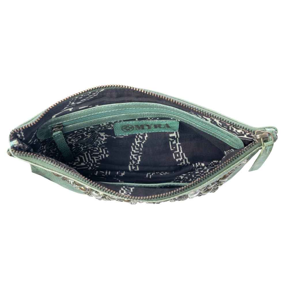 Myra Empire Green Studded Wash Leather Pouch in Desert Olive