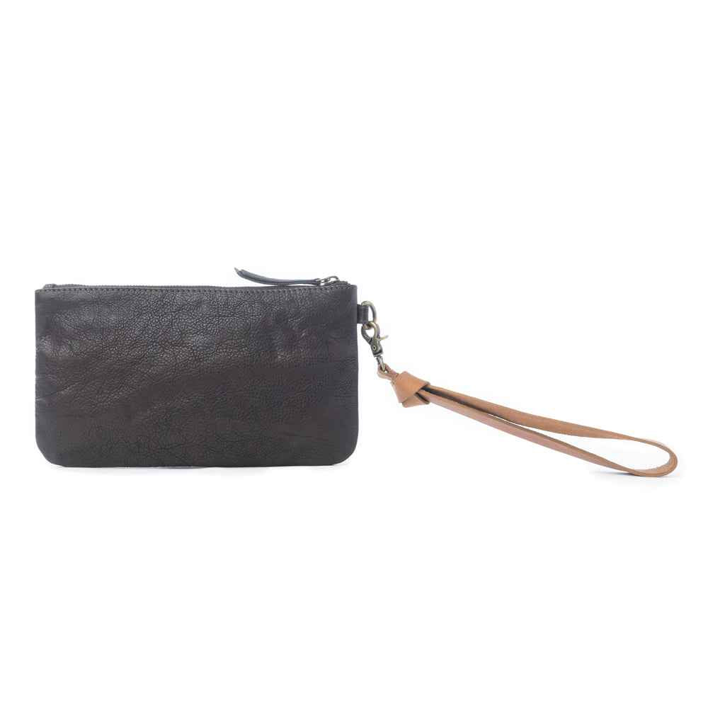 Myra Gold Halo Studded Wash Leather Pouch in Antique Black