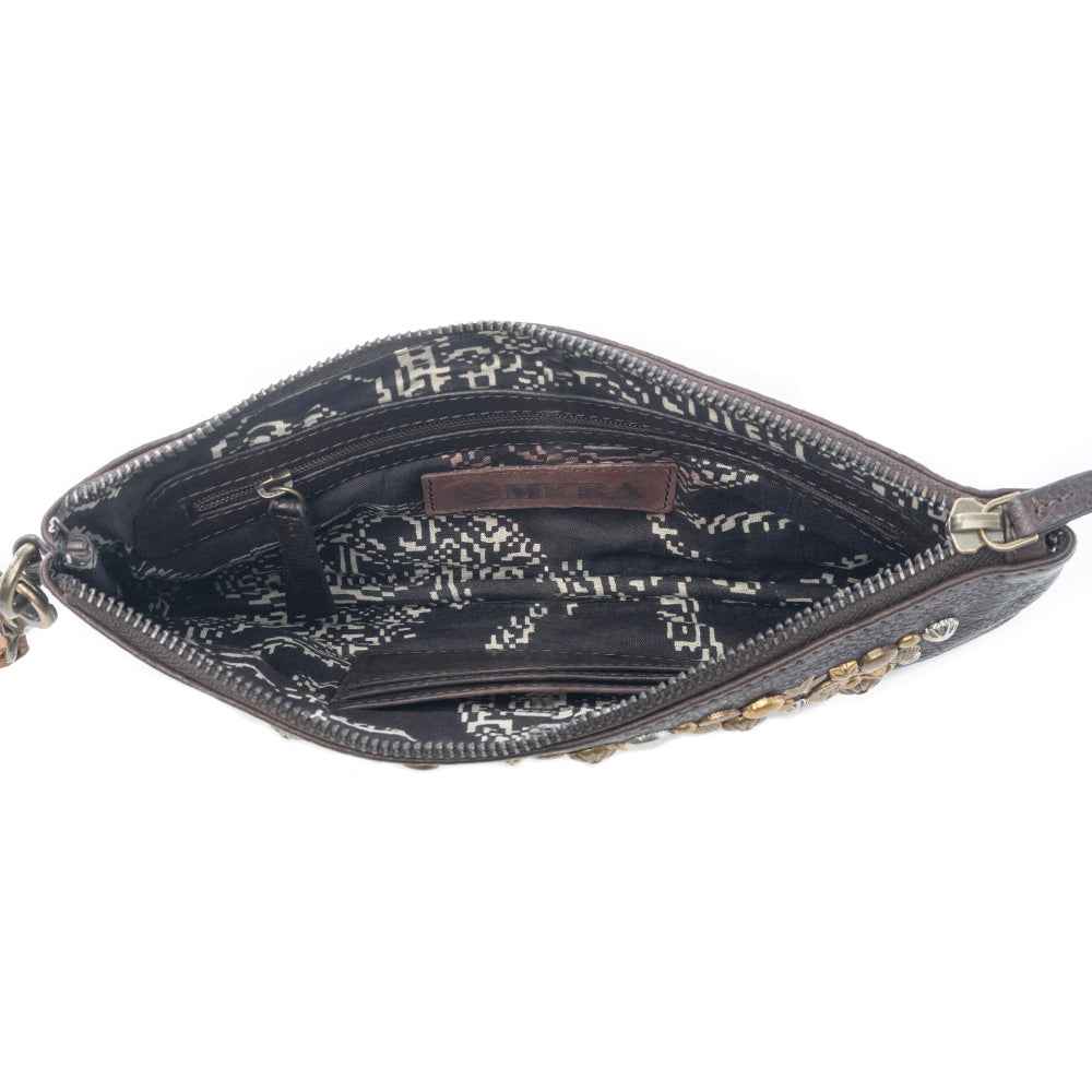 Myra Gold Halo Studded Wash Leather Pouch in Antique Black