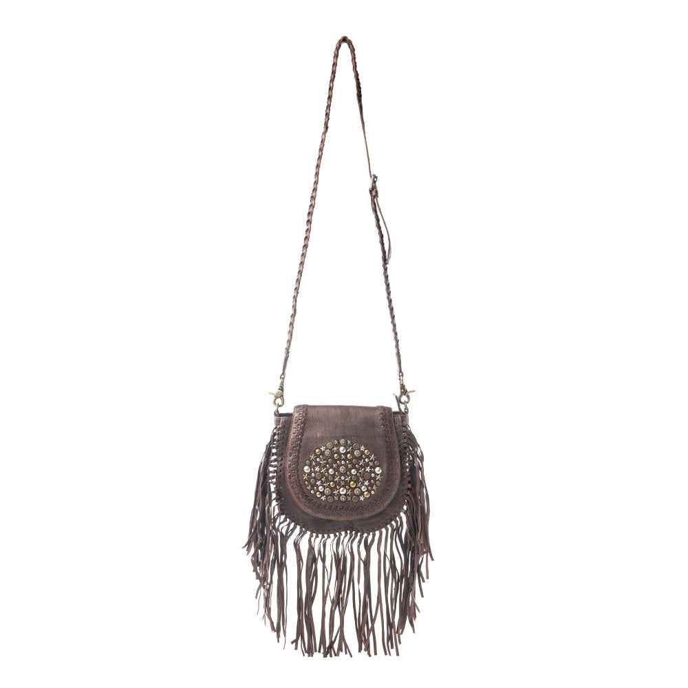 Myra Luna Belle Studded Leather Bag with Fringes in Maverick Mocha