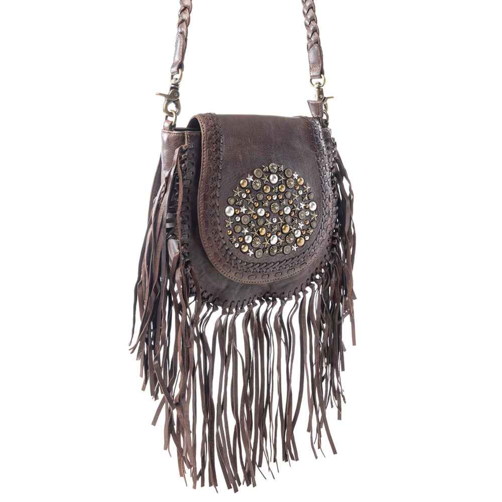 Myra Luna Belle Studded Leather Bag with Fringes in Maverick Mocha
