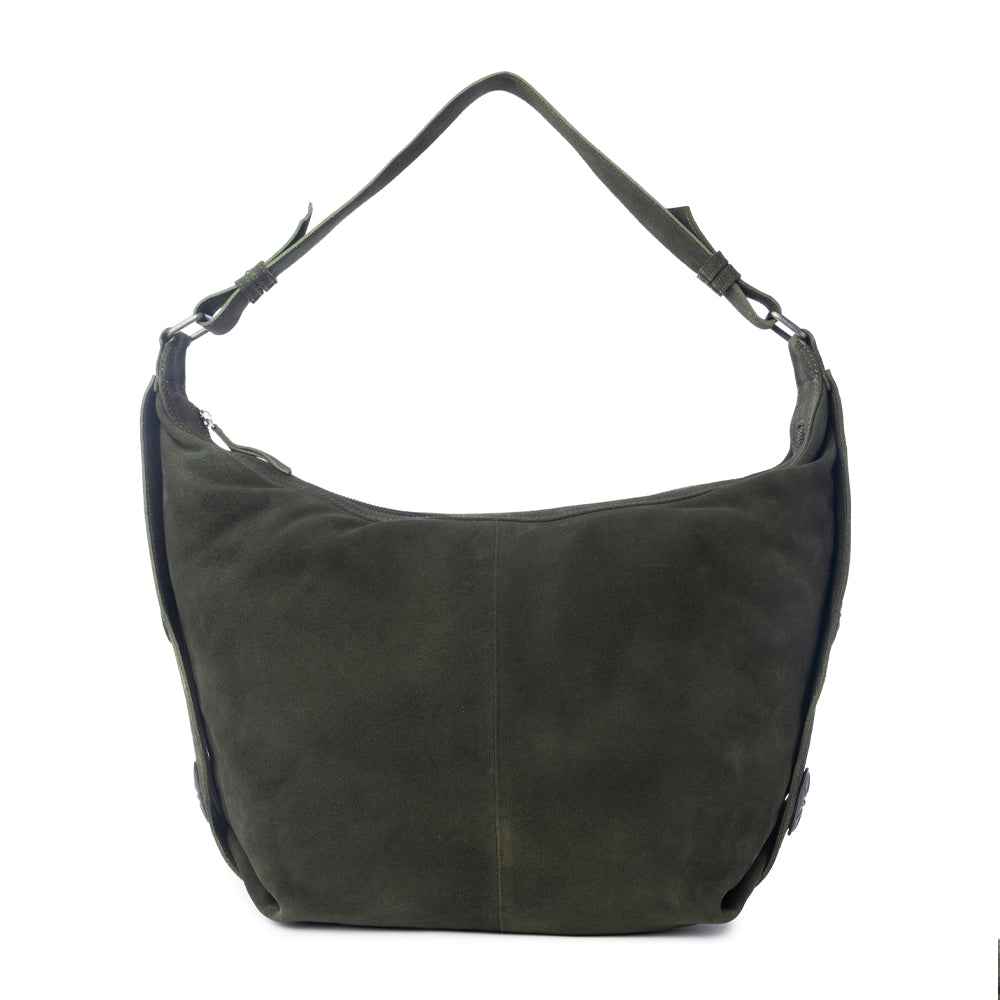 Myra Hunter’s Grove Suede Leather Shoulder Bag in Ranch Olive