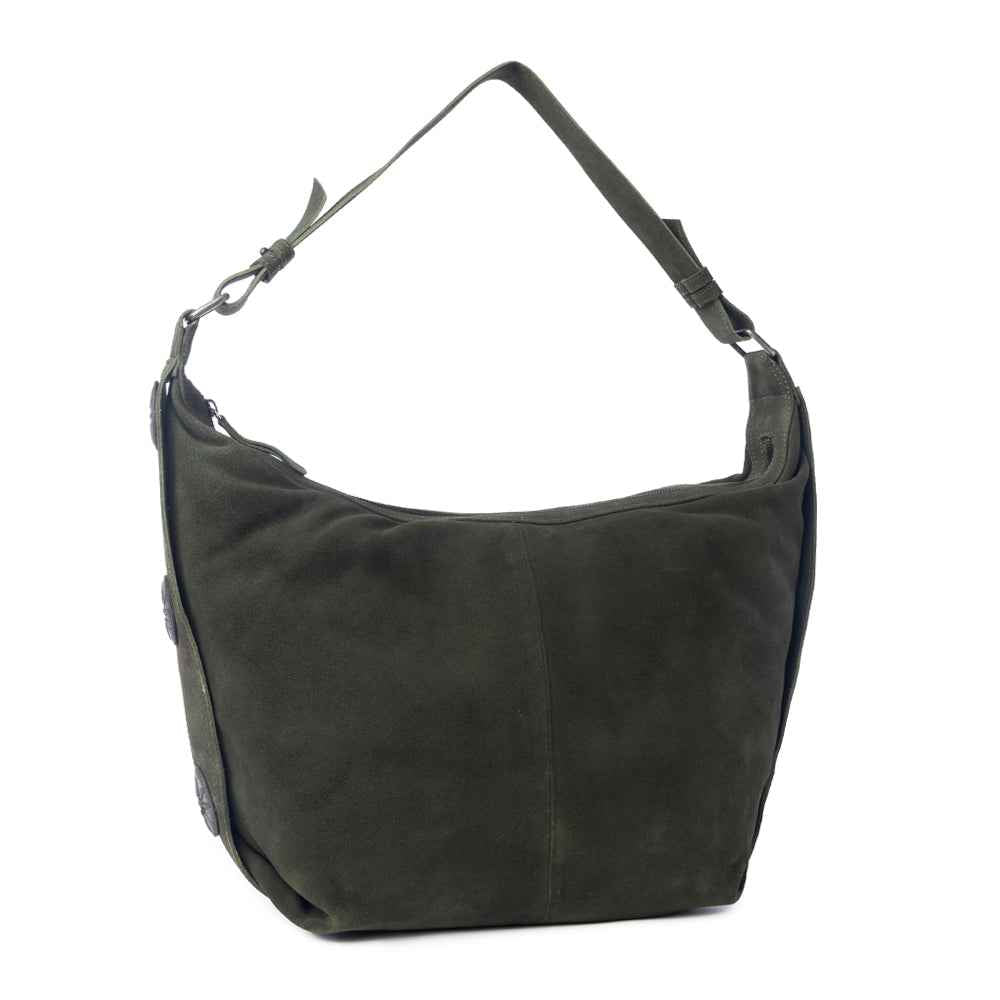 Myra Hunter’s Grove Suede Leather Shoulder Bag in Ranch Olive