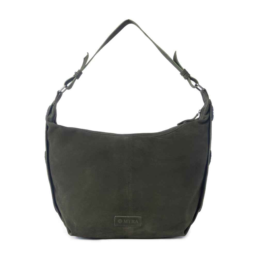 Myra Hunter’s Grove Suede Leather Shoulder Bag in Ranch Olive