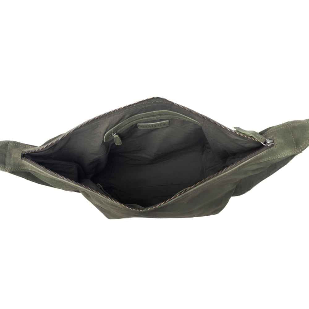 Myra Hunter’s Grove Suede Leather Shoulder Bag in Ranch Olive