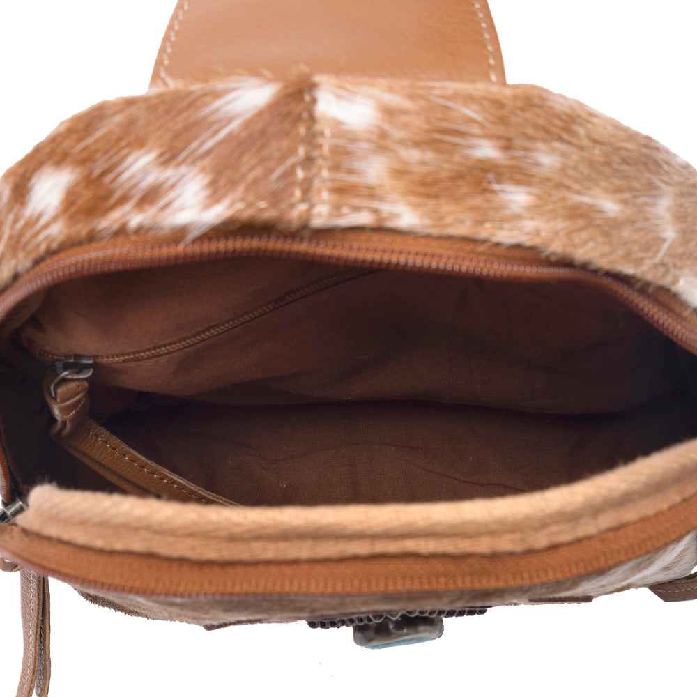 Myra Horizon Vale Handtooled Hairon Leather Fanny Pack in Warm Caramel