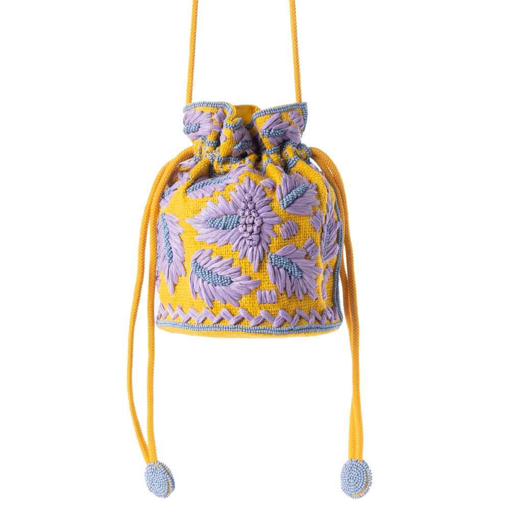 Myra Honey Vine Western Bucket Bag for Women in Yellow with embroidered detail