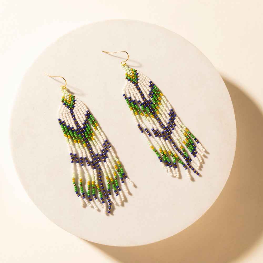Myra Sage Sky Beaded Fringe Earrings in Cactus Crest