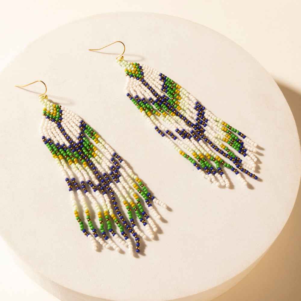 Myra Sage Sky Beaded Fringe Earrings in Cactus Crest