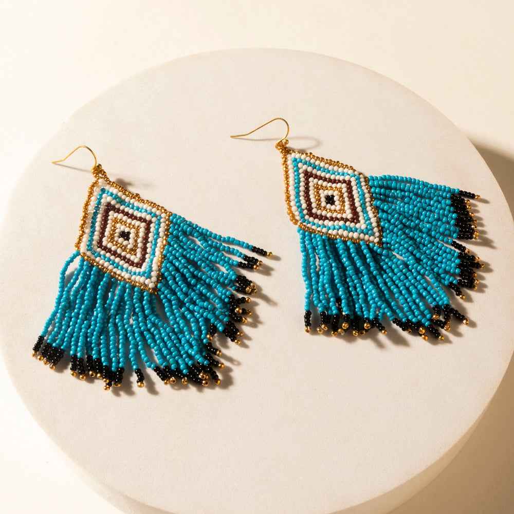 Myra Bluebonnet Range Beaded Fringe Earrings in Halo Blue