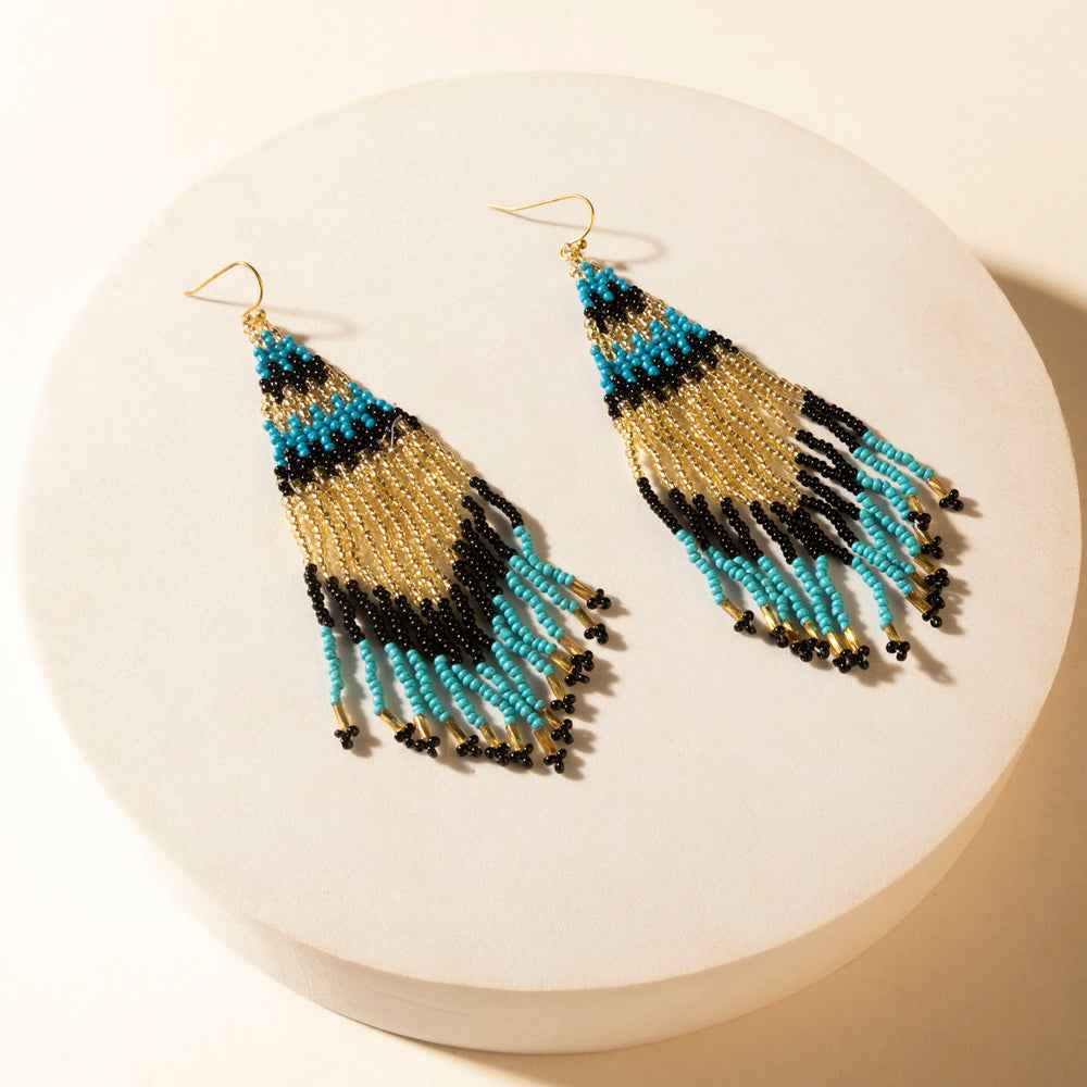 Myra Dune Glow Beaded Fringe Earrings in Skyfall Blue