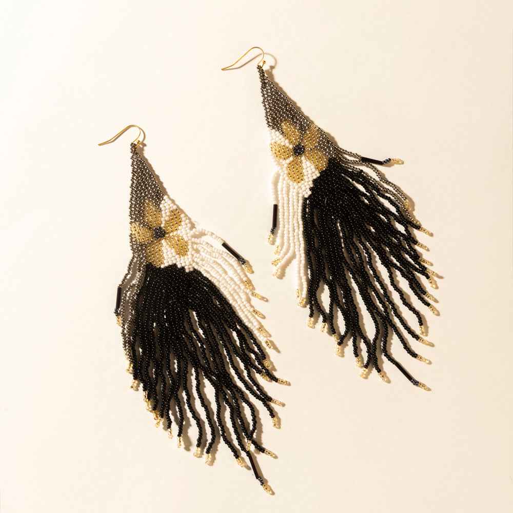 Myra Moonlit Sage Beaded Fringe Earrings in Midnight Coal