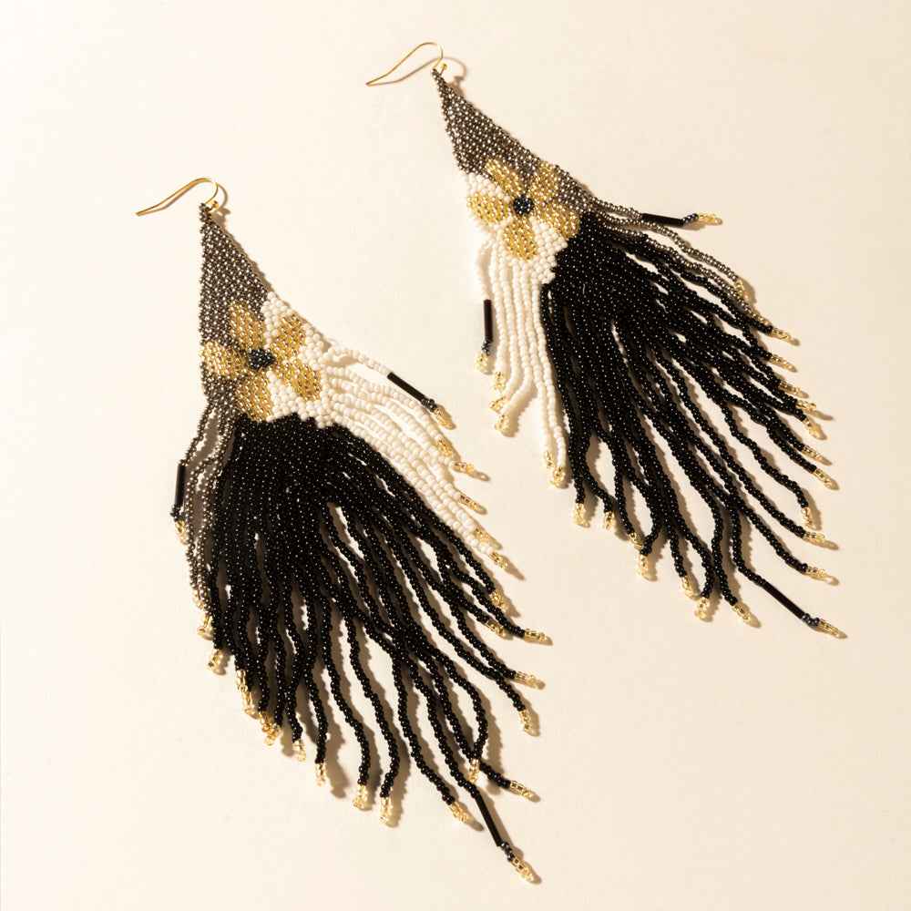 Myra Moonlit Sage Beaded Fringe Earrings in Midnight Coal