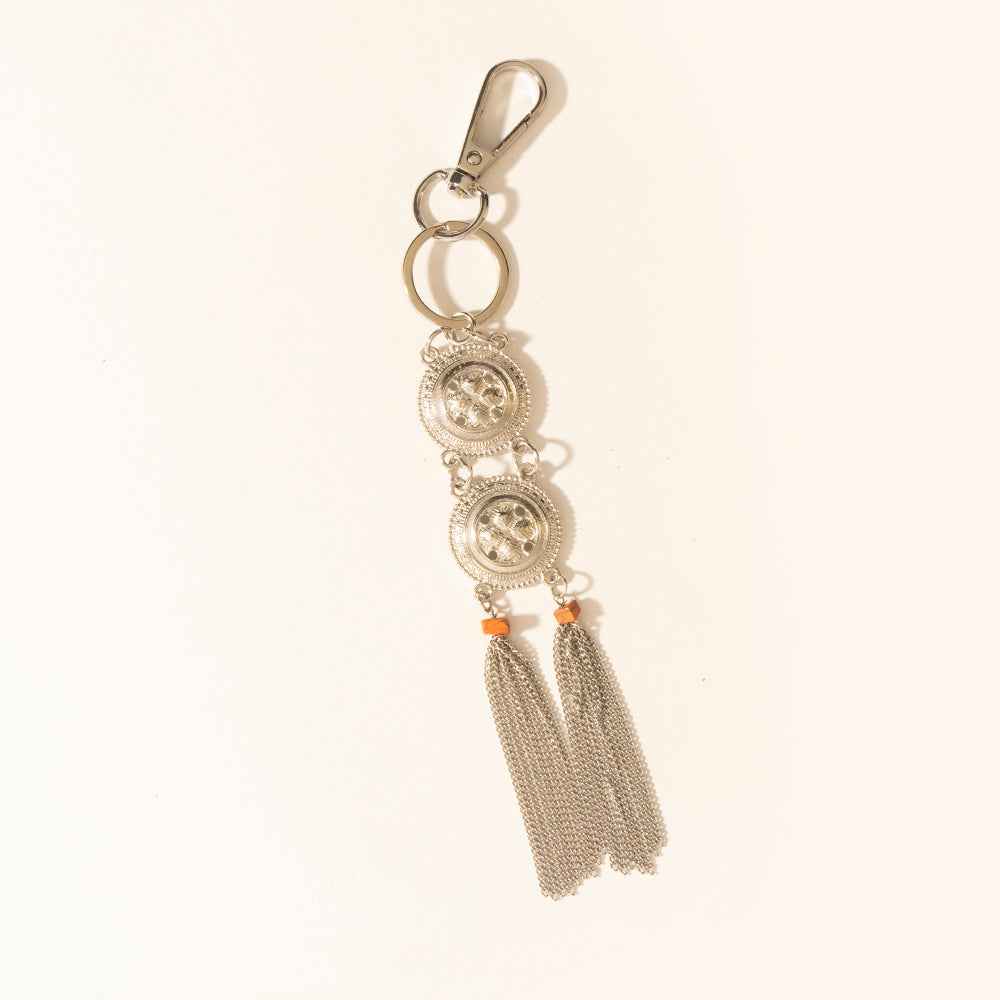 Myra Duo Medallion Tassel Keychain in Nickel Steel