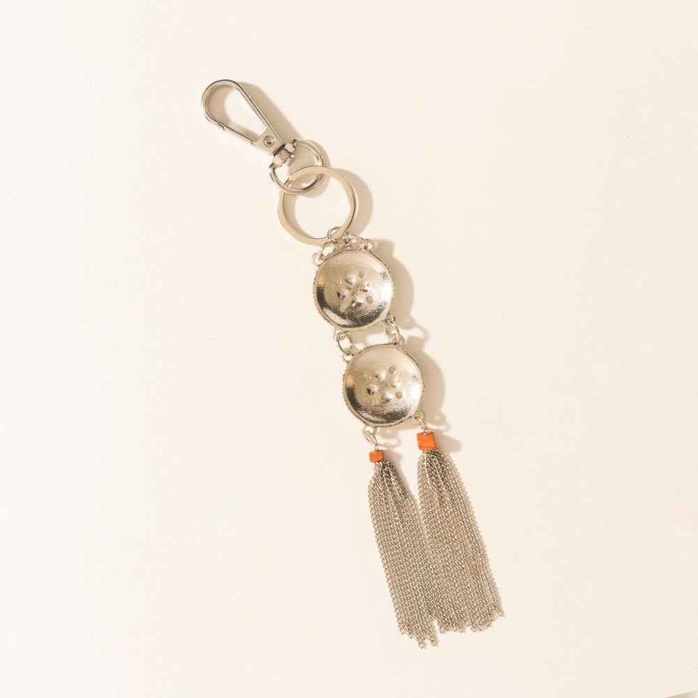 Myra Duo Medallion Tassel Keychain in Nickel Steel