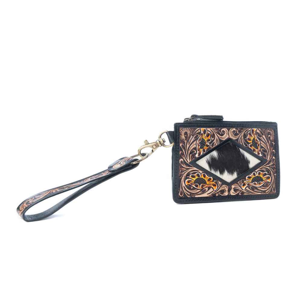 Myra Lone Eclipse Handtooled Hairon Leather Card Holder in Saddle Storm