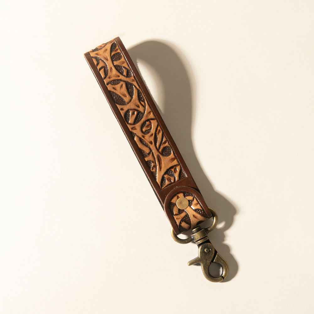 Myra Ranger's Call Handtooled Leather Keyfob in Mocha Brown
