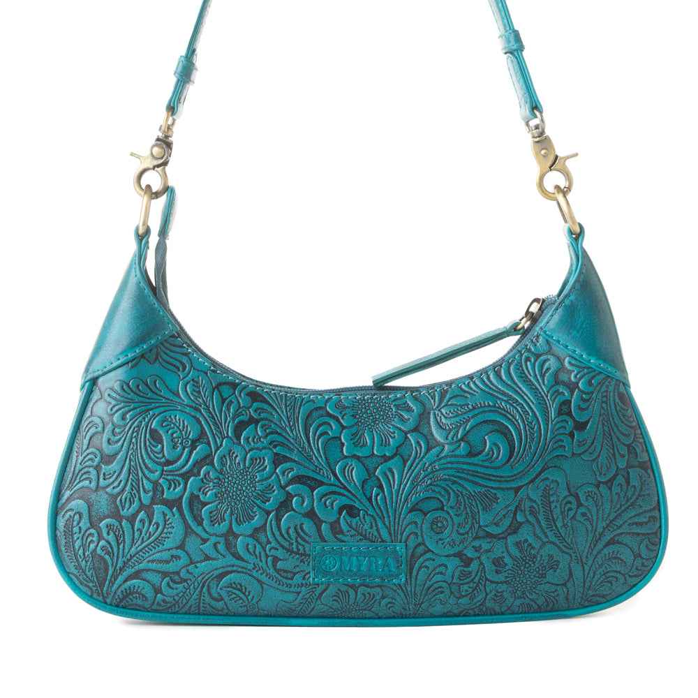 Myra Heritage Vine Embossed Leather Bag for Women in turquoise with shoulder strap