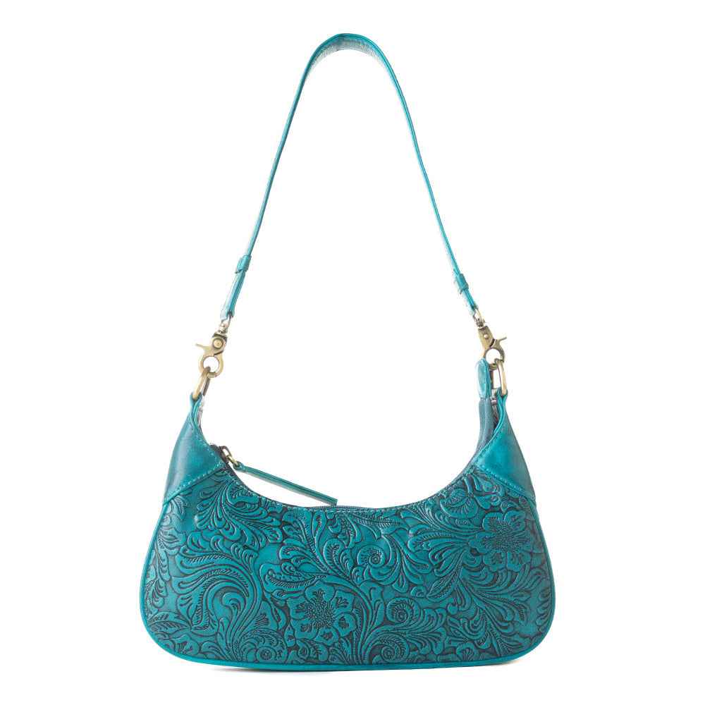 Myra Heritage Vine Embossed Leather Bag for Women in turquoise with shoulder strap