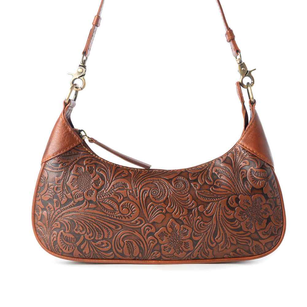 Myra Heritage Vine Embossed Leather Bag for Women in Brown with shoulder strap