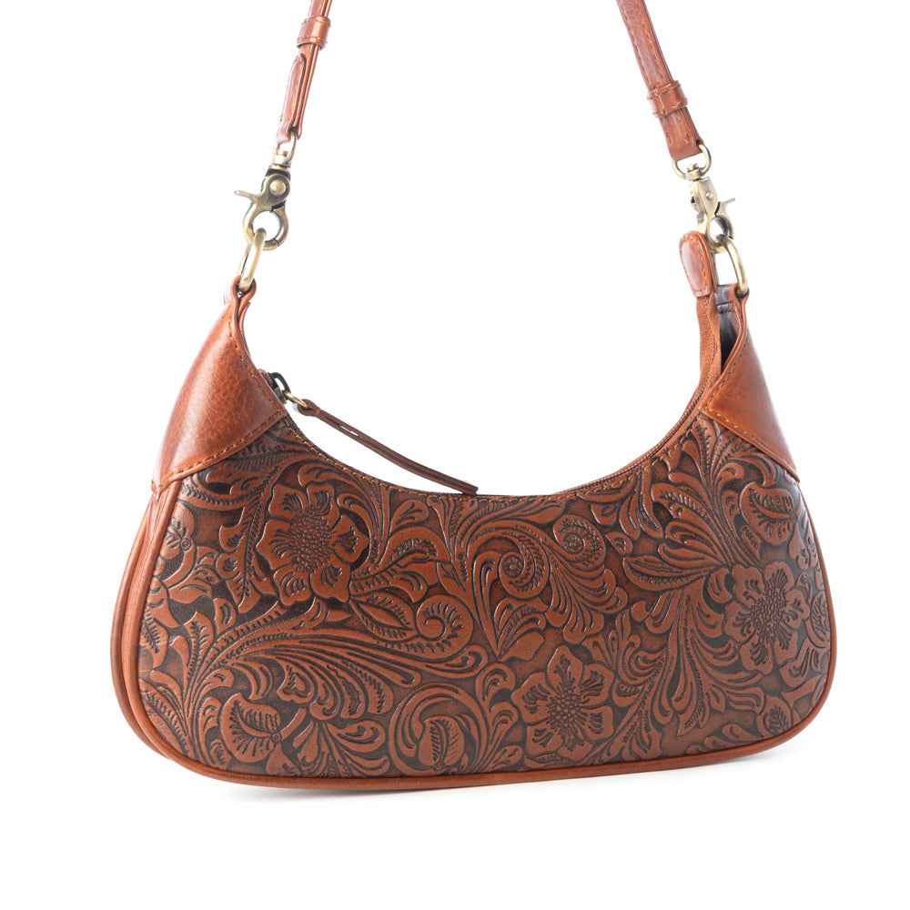 Myra Heritage Vine Embossed Leather Bag for Women in Brown with shoulder strap