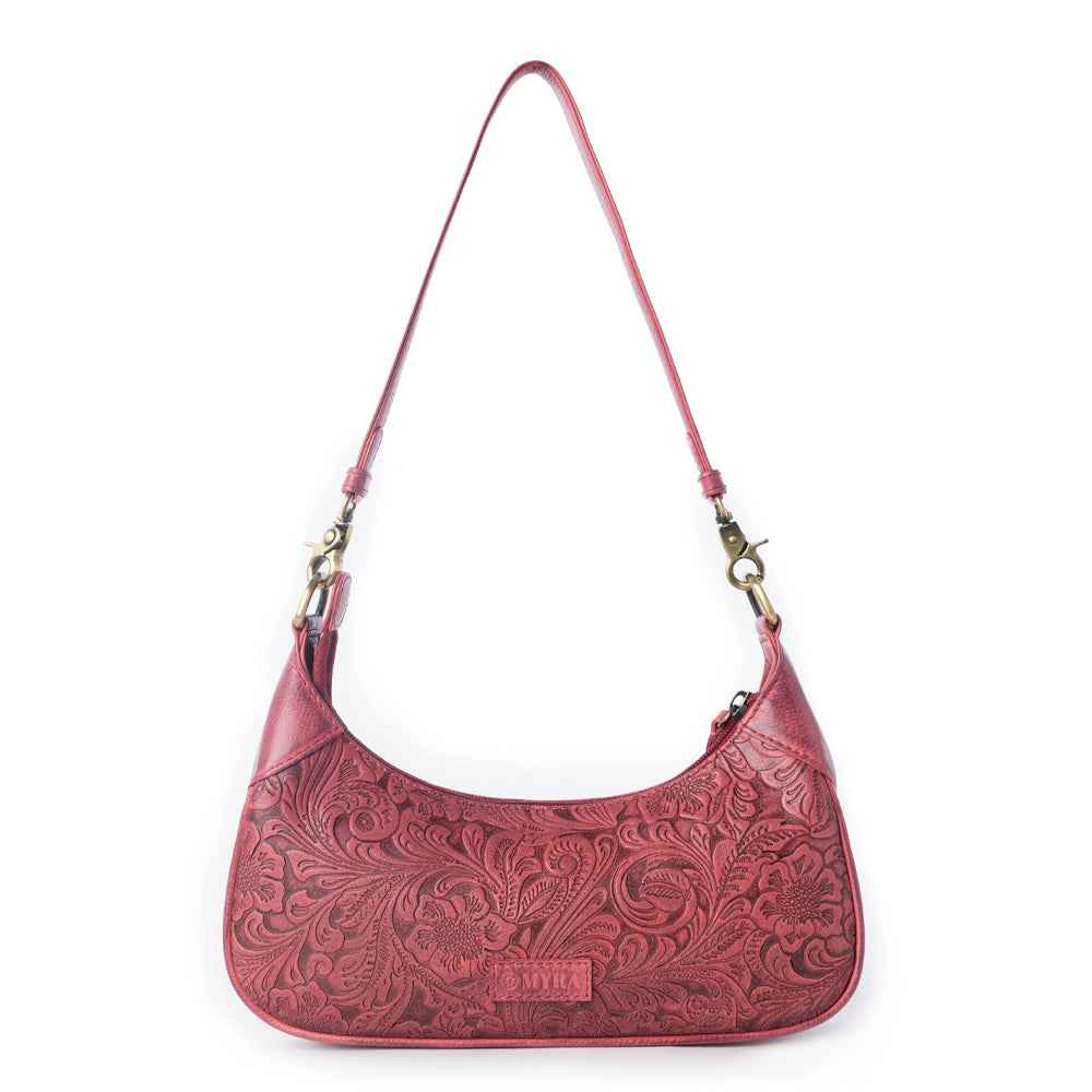 Myra Heritage Vine Embossed Leather Bag for Women in Red with shoulder strap