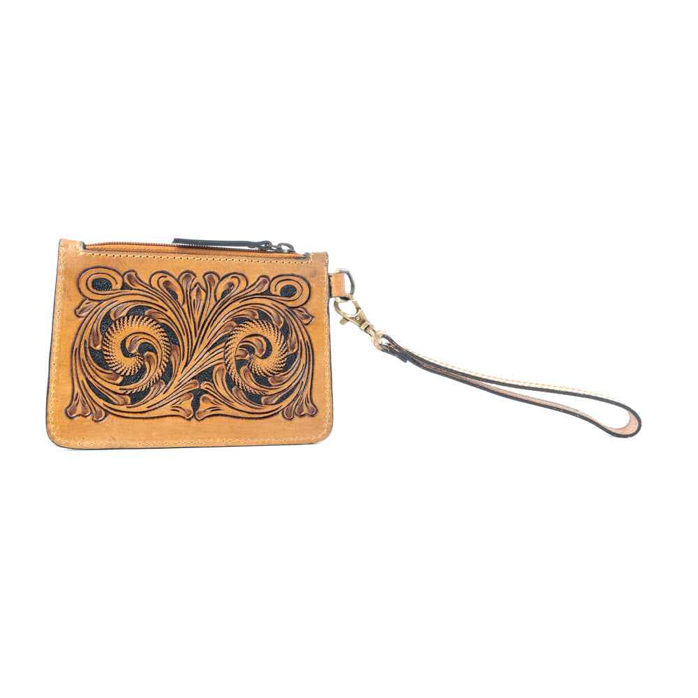 Myra Sierra Scroll Handtooled Card Holder in Bronco Umber