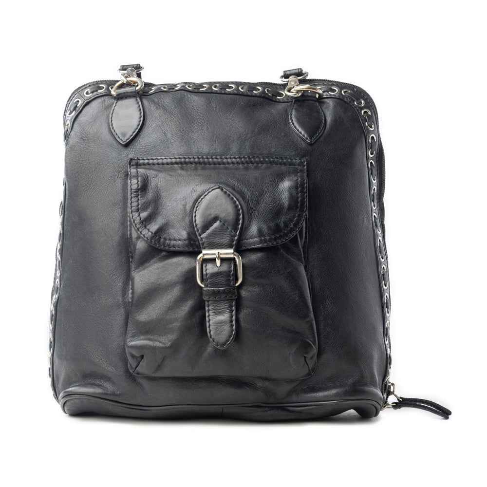 Myra Stormrider Buckled Genuine Leather Bag in Shadow Black