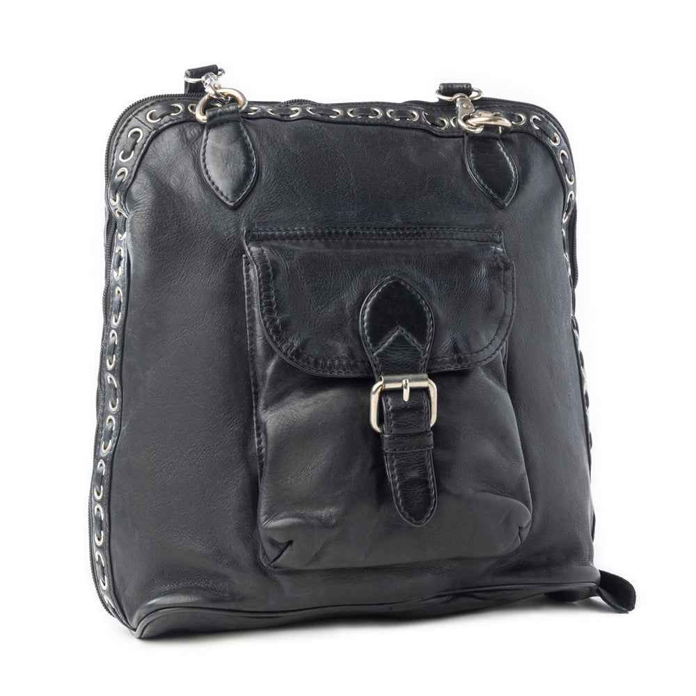 Myra Stormrider Buckled Genuine Leather Bag in Shadow Black