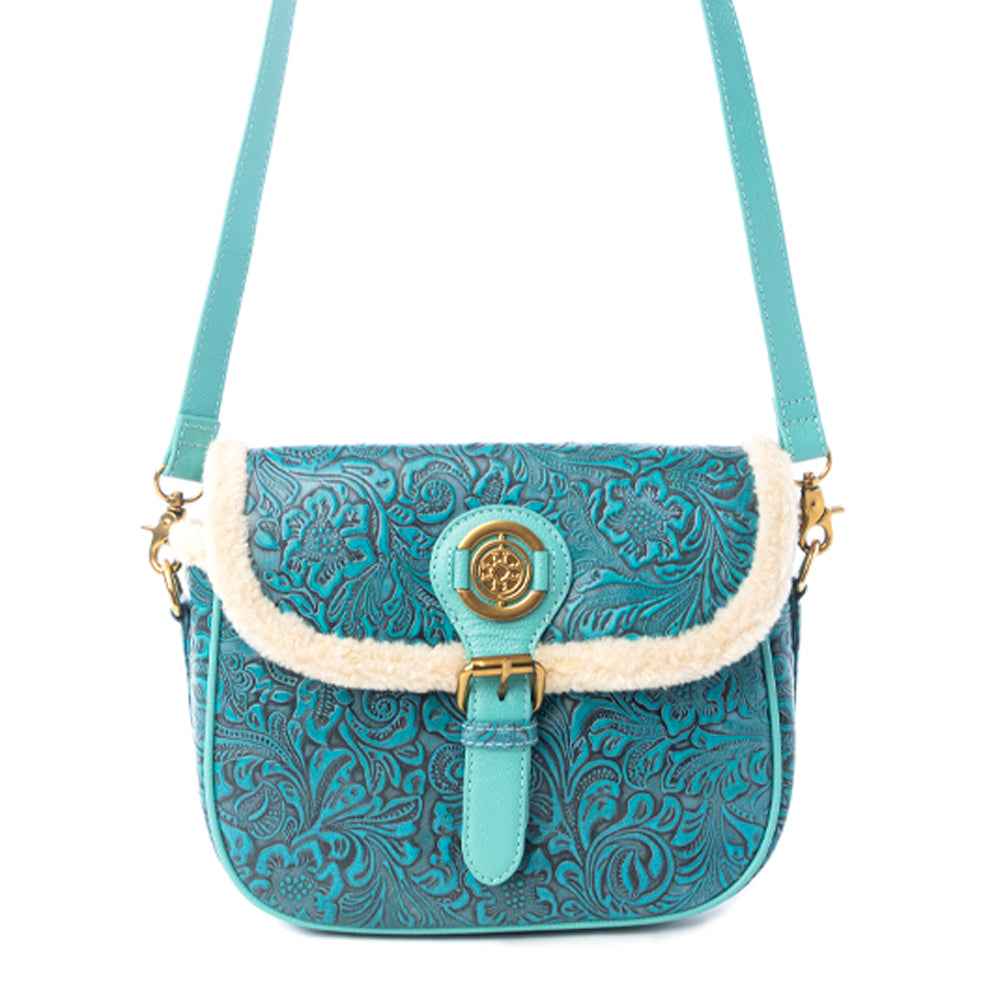 Myra Turquesa Rose Embossed Leather Crossbody Bag with Fur Accent in Cactus Bloom