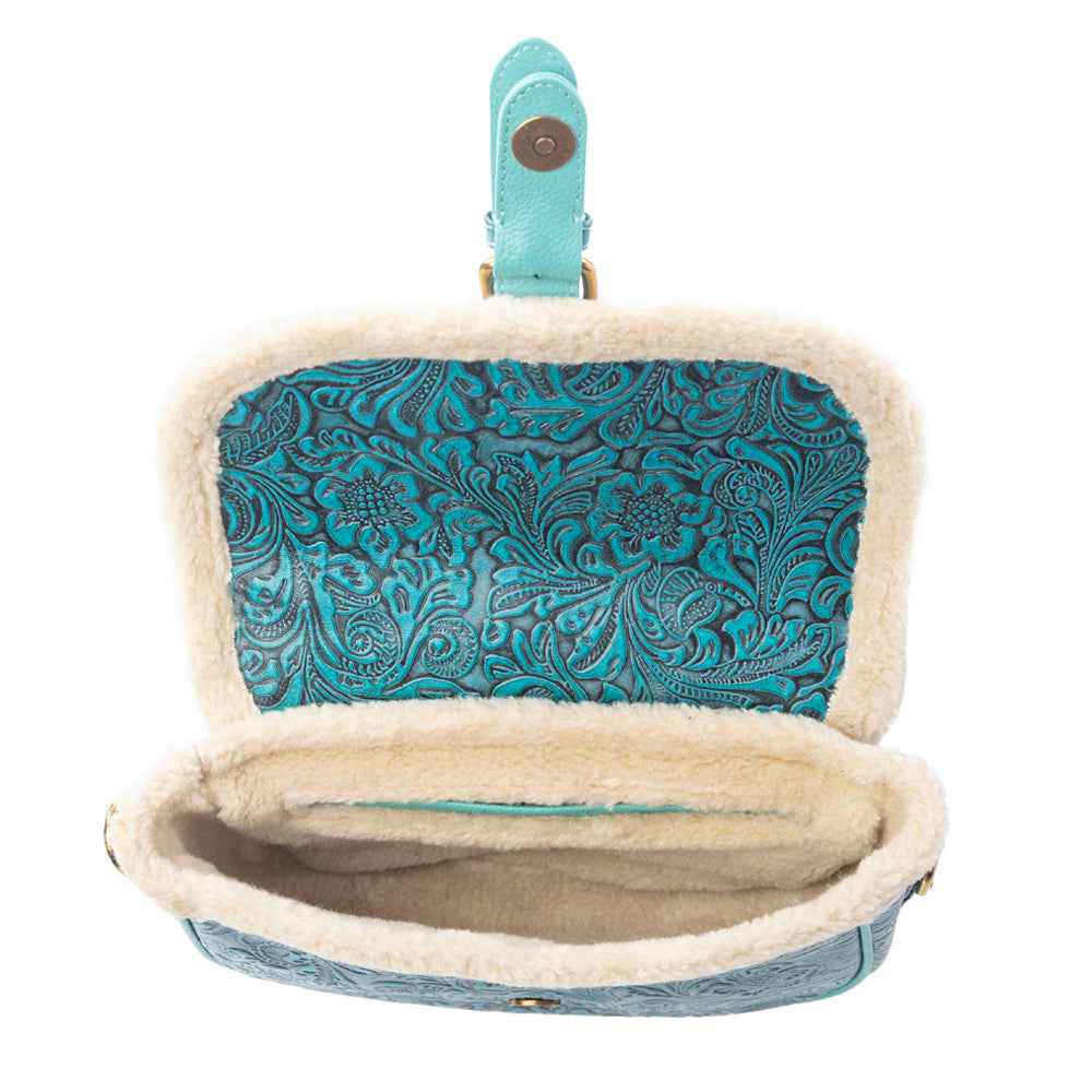 Myra Turquesa Rose Embossed Leather Crossbody Bag with Fur Accent in Cactus Bloom