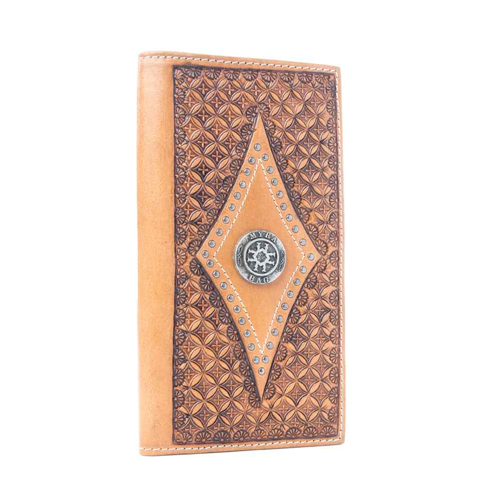 Myra Nomad's Emblem Handtooled Leather Wallet for Men in Walnut Emboss