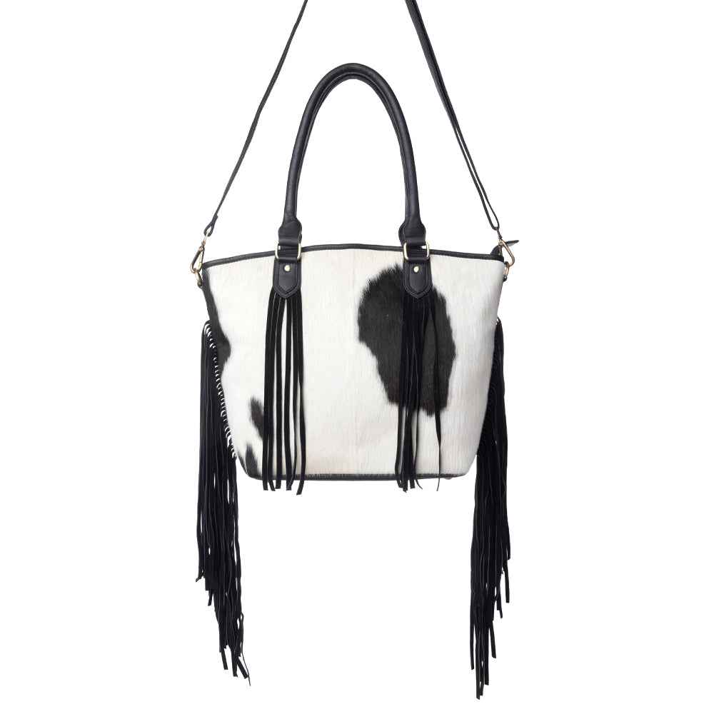 Myra High Plains Hairon Leather Concealed Fringe Carry Bag in Ebony Bone
