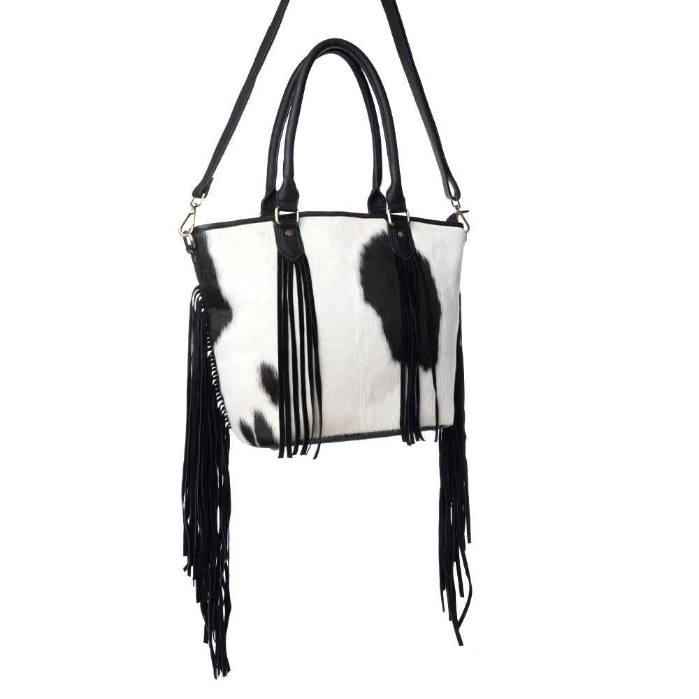 Myra High Plains Hairon Leather Concealed Fringe Carry Bag in Ebony Bone