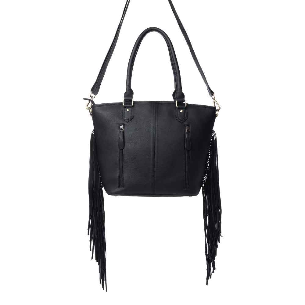 Myra High Plains Hairon Leather Concealed Fringe Carry Bag in Ebony Bone