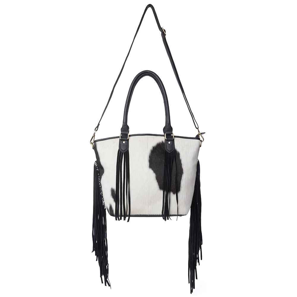 Myra High Plains Hairon Leather Concealed Fringe Carry Bag in Ebony Bone