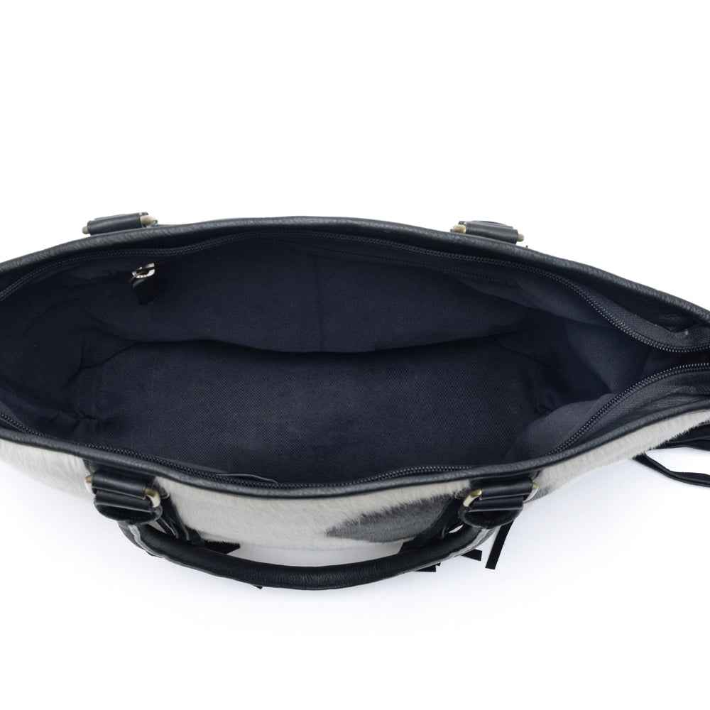 Myra High Plains Hairon Leather Concealed Fringe Carry Bag in Ebony Bone