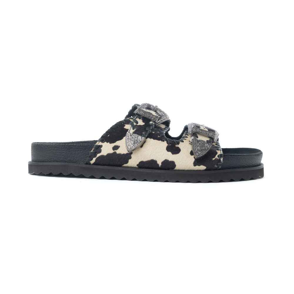 Myra Coyote Crest Hairon Leather Sandals in Vanilla White