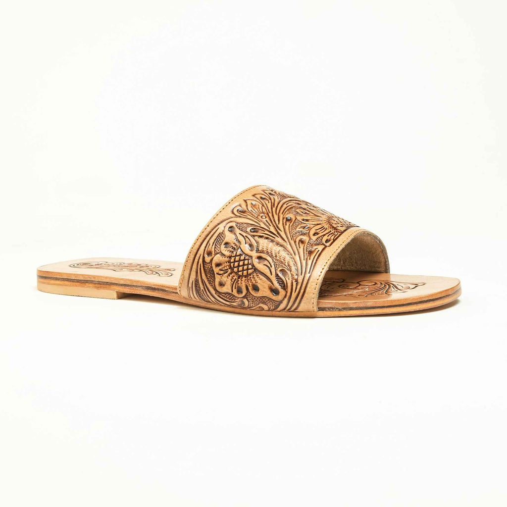 Myra Cactus Lace Handtooled Leather Sandals in Charred Brown