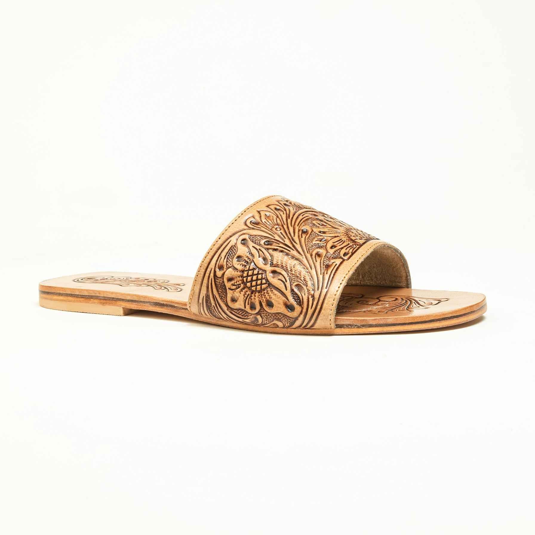 Myra Cactus Lace Handtooled Leather Sandals in Charred Brown