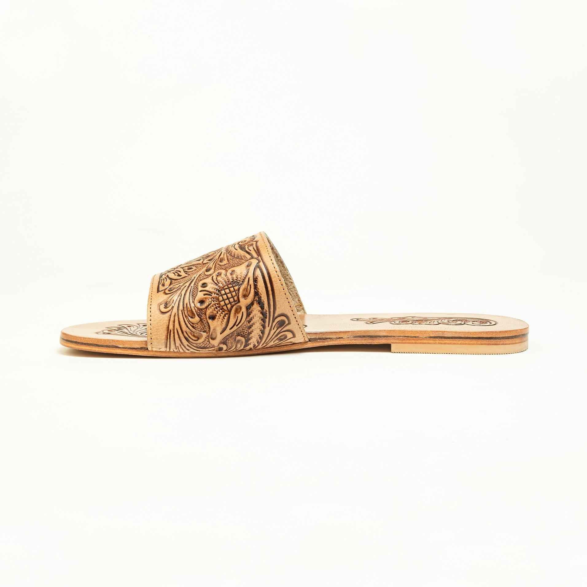 Myra Cactus Lace Handtooled Leather Sandals in Charred Brown