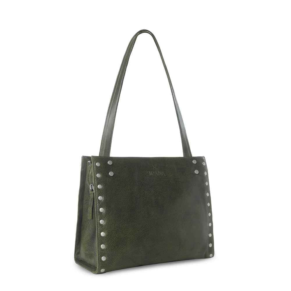 Myra Zidana Aria Amethyst Veg Tanned Leather Tote Bag in Dark Fern